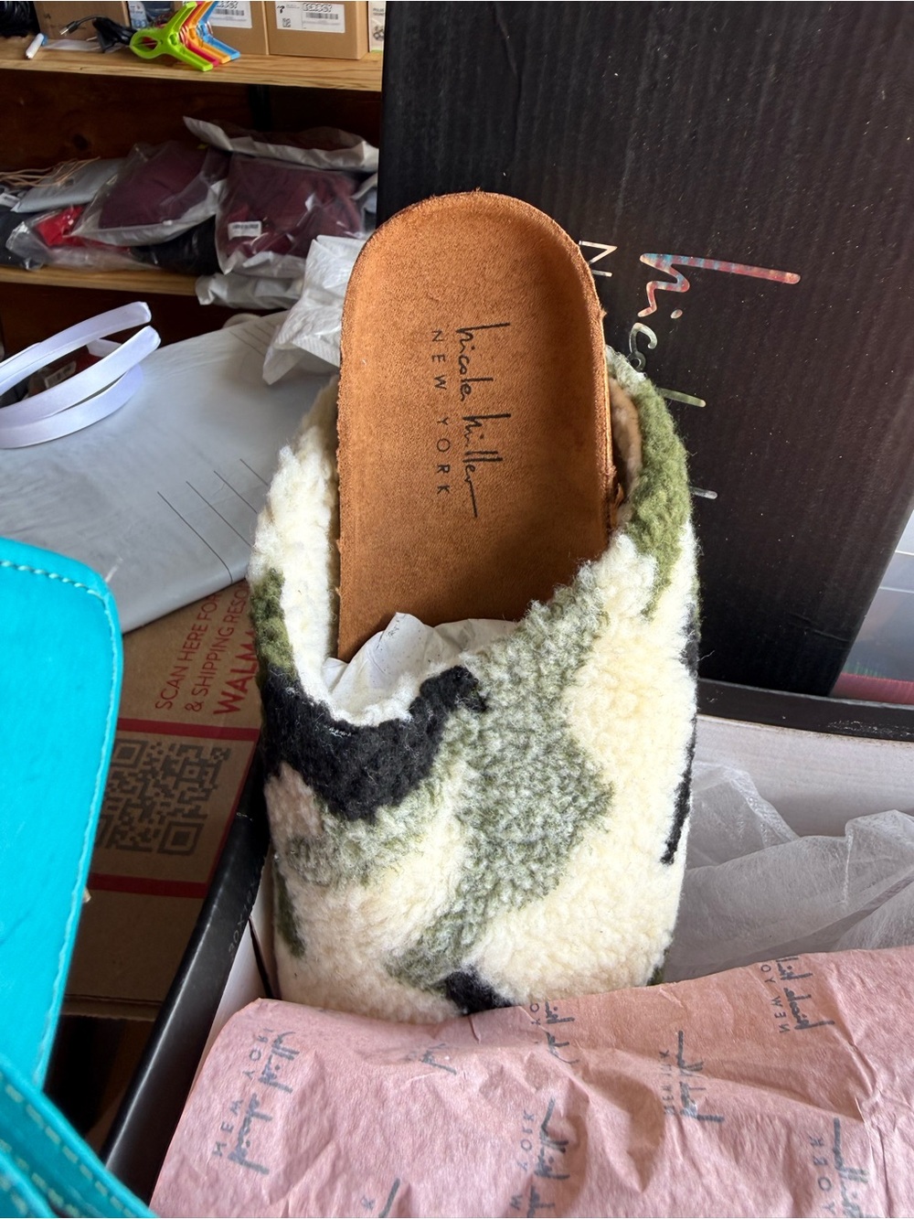 Nicole Miller New York Women’s Cream & Olive Shearling Clog Slippers